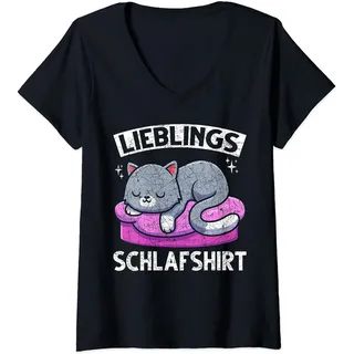 Damen Schlafende Katze Pajama Nachthemd Haustier Schlafshirt T-Shirt mit V-Ausschnitt