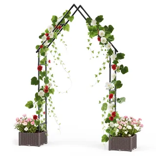 GarveeLife Rosenbogen Mit 2 Blumenkästen, Metall Gartenbogen Als Rankhilfe - Torbogen Für Rosen & Kletterpflanzen, Stabile Pergola Für Hochzeit, Garten & Party
