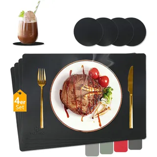 HELI MIAO Tischsets Abwaschbar,Platzsets Abwischbar, Leder,Hitzebeständig Doppelseitigen I 4er Set Platzdeckchen Lederoptik mit Untersetzer,Tischuntersetzer rutschfest,Schwarz