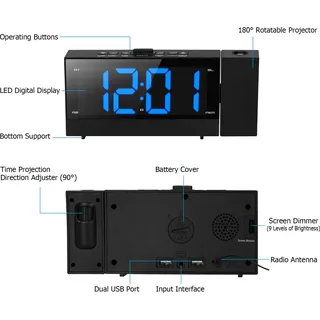 Digitaler Projektionswecker mit 6,4-Zoll-Großbildschirm, 3-in-1-Projektor, um 180 Grad drehbar, Dual- und Snooze-FM-Radio, Telefonladegerät, LED-Anzei