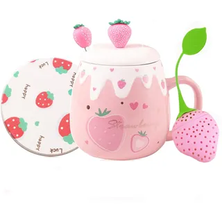 Süße Erdbeerbecher Rosa Kaffeetasse Keramik Kawaii Tasse für Morgentee Milch Obstbecher mit schönem Deckel und Löffel Kreative Neuheit Geburtstag Weihnachten für Liebhaber Mädchen