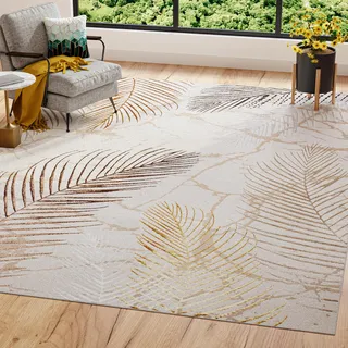 TAPISO Golden Teppich Wohnzimmer Kurzflor Schlafzimmer Luxuriös Creme Gold Braun Blätter Meliert Verwischt Modern Design ÖKOTEX 140 x 200 cm