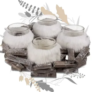Holz-Adventskranz mit 4 Glas-Teelichthaltern mit Felldekoration und Kunstschnee - Deko Advent Weihnachten Kerzenhalter Windlicht