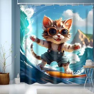 NEJLCTOROUS Duschvorhang Lustig 180x200,Katze Bad Duschvorhänge Motiv Kinder Badewanne Vorhang Wasserdicht Polyester Stoff Waschbar Badvorhang,200 hoch