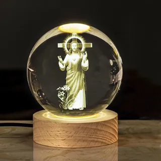 Leuchtenden Kristallkugel Nachtlicht 3D gravierte Jesus Figur Statue mit Holzsockel Farbwechsel Glaskugel religiöse Sammlung christliche katholische Kirche Zuhause Deko Geschenk