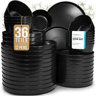 Steingut Geschirrset 12 Personen Manhattan 36 tlg. TESTSIEGER, Cooles Urbanes Steingut Geschirr Set, Schüssel- und Teller Set, Tafelservice 12 Personen, Geschirrsets Pure Living in matt Schwarz