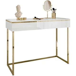 Lookway Konsolentisch Aurora Gold in weiß Hochglanz auf einem goldenen Gestell , Weiß Hochglanz , Holzwerkstoff , Uni , 2 Schubladen , Rechteckig , 102x79x44 cm , Wohnzimmer, Wohnzimmertische, Konsolentische