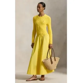Polo Ralph Lauren für Damen. 211A96349003 Baumwollkleid mit gelben Achten im Mieder (S), Lässig, Baumwolle, Langarm
