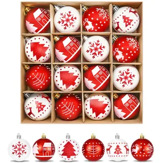 ZOOI Weihnachtskugeln Kunststoff Set Rot Weiß, 16 Stücke 6CM Christbaumkugeln Deko Weihnachten, Weihnachtsbaumschmuck mit Aufhänger Bruchsicher, Weihnachtsdeko Aussen Innen, Plastik
