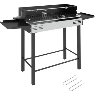 Holzkohlegrill Grill BBQ-Grill, verstellbares Rost, 1 Drehspieß, 118 x 32 x 90 cm, Schwarz + Silber