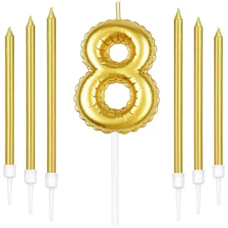 Gold 8th Geburtstagskerze, Gold Zahl 8 Kerzen für Kuchen, Gold dünne Party Kerzen, Happy Birthday Kerzen, Gold Kuchen Kerzen Kuchen Toppers für Mädchen Jungen Frauen Männer Geburtstag Dekor