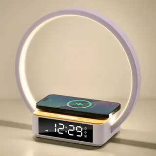 Morwealth LED Nachttischlampe Touch Dimmbar mit ladefunktion, 10W Wireless Charger Tischlampe tageslichtwecker mit Wecker Uhranzeige, Nachtlicht 3 stufige Helligkeit für Schlafzimmer Büro (Büro weiß)