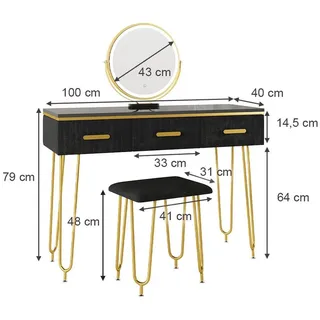 Vicco Schminktisch Layla Schwarz, Frisiertisch mit LED Spiegel und Hocker