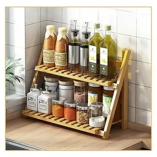 Dreamhousey Küchenspeicherregal Haushaltsarbeitsplatte Gewürzregal, 2-Etagen multifunktionales Gewürzregal Einfacher moderner Blumenregal Bambus Holz Organizer (Holz Farbe, M)