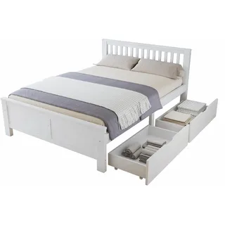 Doppelbett, 140x200 cm, Massivholzbett mit Kopfteil, Lattenrost und 2 Schubladen, Holzbett aus Kieferholz - Weiß