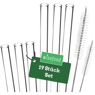 Wisefood® Glasstrohhalme Strohhalme Ø10mm [14 Stk.] wiederverwendbare Strohhalme Glas mit 4x Strohhalm Bürste [klar] Trinkhalme Glas mit Strohhalm [21,5cm & 15cm] Straws lang | Glasstrohhalm kurz