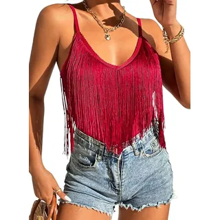 Damen Tank Top Mit Fransen – Sexy Rave Cowgirl Outfit Festival Oberteile | Ärmellose, V Ausschnitt, Verstellbare Spaghetti, Elegant Boho Country Kleidung, Sommer Klamotten Shirt, Western Hemd Damen