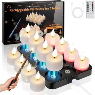 KIKILIVE led teelichter Flammenlose kerzen aufladbar mit Zauberstab fernbedienung timer,12pcs aufladbare teelichter mit ladestation für Zimmer Wohnzimmer Halloween Kürbis Weihnachten Party Deko
