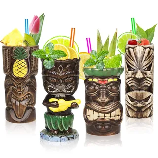 Tiki-Tassen-Set, Hawaii-Party-Becher aus Keramik, für Cocktails, hochwertiges Tassen-Set mit 4 Tassen für exotische Party - TJB02