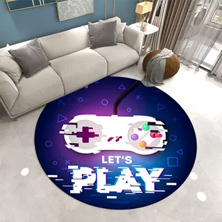 Runder Schlafzimmer Teppich 3D Game Controller Teenager Kinder Jungen Erwachsene Wohnzimmerteppich Rutschfester Graffiti Spielkonsole Schwarz Lila Flanell Dekorativer Teppich (Bunt 2,100cm)