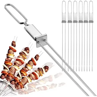 Dailyart Schaschlikspieße 43cm (6 Stück) Lange Edelstahl Grillspieße Flat Fleischspieße mit Schieberegler, Wiederverwendbare Metall Grill spieße für Fleisch, Gemüse, Stockbrot zum Grillen