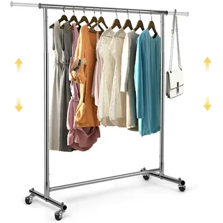 VOWNER Kleiderständer, Kleiderstange, Garderobenständer, Kleiderständer auf Rollen, Höhenverstellbar und Ausziehbar Verstellbare Kleiderstange, (90-132) x 40 x (113-170) cm, Metall Verchromt