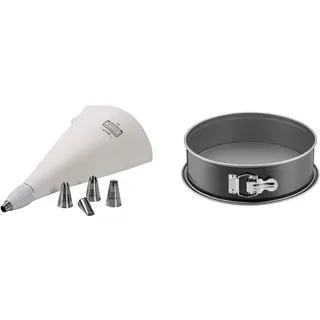 Kaiser La Forme Plus Spritzbeutel Set 7-teilig, Adapter, 5 Spritztüllen, kochfest, Schneidehilfslinie & Inspiration Springform 26 cm rund, Flachboden, runde Backform, auslaufsicher