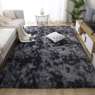 Leesentec Teppich für Wohnzimmer, Schlafzimmer, Jugendliche, Mädchen, Shaggy, modernes Design, Langflor, weich, rutschfest, großer Teppich für Kinder, Schlafzimmer (Schwarz/Weiß, 200 x 250 cm)