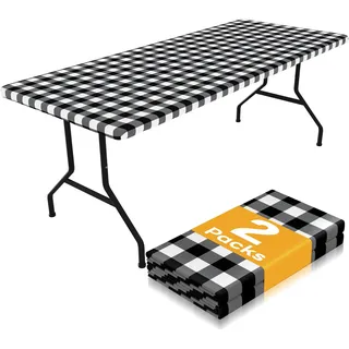 Smiry Rechteckige Picknick-Tischdecke, wasserdicht, elastisch, für 1,8 m große Tische, waschbar, Polyester, Büffelkariert, Tischdecke für Esszimmer, Camping, Outdoor (Schwarz und Weiß, 76,2 x 182,9 cm