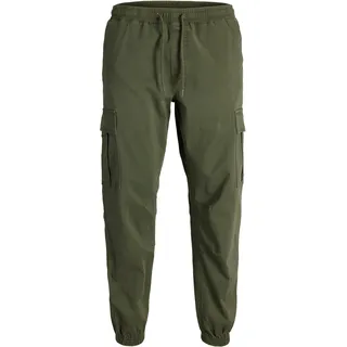 Cargohose JACK & JONES "JPSTKANE DYLAN CUFFED CARGO RET", Herren, Gr. XS, N-Gr, olive night, Web, Obermaterial: 98% Baumwolle, 2% Elasthan, unifarben, relaxed fit knöchellang, Hosen Cargohose