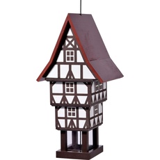 dobar® Design Vogelfutterhaus Zuckerhut zum Aufhängen mit großem Futtersilo, wetterfest - Vogelhaus im Fachwerkstil - 20 x 18 x 41 cm - Weiß/Braun/Rot