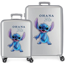 Disney 100 Stitch Kofferset, Grau, 55/70 cm, starres ABS, integrierter TSA-Verschluss, 81 l, 6 kg, 4 Doppelrollen, Handgepäck