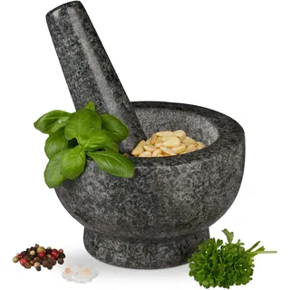 Relaxdays Granit Mörser mit Stößel Ø 13 cm 250 ml grau