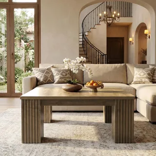 Tribesigns 100 cm großer quadratischer Couchtisch, Landhaus-Couchtisch aus Holz mit kannelierten Beinen, rustikaler Beistelltisch für das Wohnzimmer - Braun