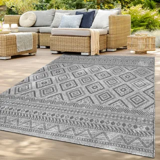 TT Home In-& Outdoor Teppich Wetterfest Balkon Küche Wohnzimmer Boho Rauten Design Größe 200 cm Rund - Grau