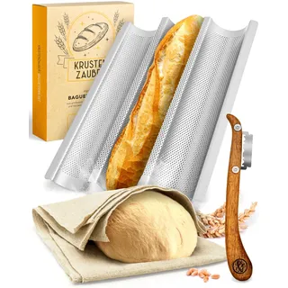 KRUSTENZAUBER Baguette Backform Antihaft inkl. Bäckerleinen u. Bäckermesser - 3er Baguette-Backblech - Ideal als Baguetteblech, Brotbackform, Baguetteform, Baguette Blech, Brot Backen Zubehör