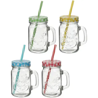Cepewa Trinkglas 4er Set mit Deckel und Strohalm Glas Getränkeglas Outdoorglas (1 x 4er Set Trinkglas)