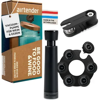 airtender Vakuum-Pumpe Set für Flaschen & Einmachgläser – Inklusive 6 Vakuum Stopfen, Deckelstanze & Aufbewahrungsclip – Ideal für Wein & Lebensmittel, 5x längere Frische