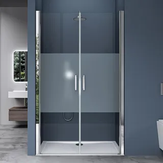 doporro Nischentür Duschtür 100x195cm Duschkabine 6mm ESG-Sicherheitsglas | Milchglas-Streifen mit Nano-Beschichtung | Doppeldrehtür mit Hebe- und Senkmechanismus | Chrom-Aluminiumrahmen | Teramo24MS