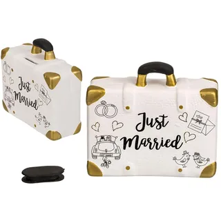 Palleon Hochzeits-Spardose Just Married | Keramik Geldgeschenk für Hochzeit, Verlobung & JGA | Witzige Spardose in Koffer-, Auto- oder Flugzeug-Design | Geschenkidee zur Hochzeit (Reisekoffer)