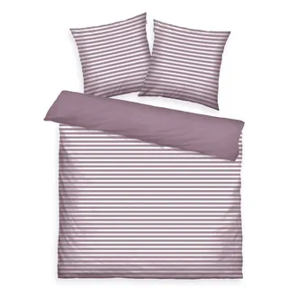 TOM TAILOR Renforcé-Bettwäsche, 2*80x80 cm + 200x220 cm, 100% Baumwolle/ Renforcé, mit Wendemotiv und farbigem Markenreißverschluss, MEDIUM STRIPES Lila, Weiß (Cozy Mauve & Crisp White)