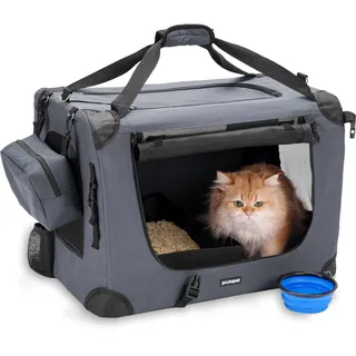 Prutapet Große Katzentragetasche, 61 x 41,9 x 41,9 cm, weiche Seiten, tragbare Haustierbox für Autoreisen, mit Faltbarer Katzentoilette und Schüssel