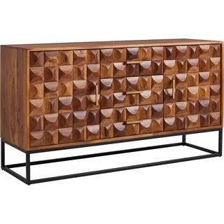 Sideboard "Katihar" aus Korpus: Sheesham Massivholz, mit Klarlack beschichtet Griffe: lackiertes Metall Rückwand: MDF Untergestell: schwarz pulverbeschichteter Edelstahl in Sheesham mit 3 Schubladen und 2 Türen. Abmessungen (B/H/T) 145x81x45 cm - Braun