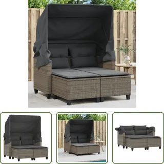 The Living Store Gartensofa 2-Sitzer mit Dach und Hockern Grau Poly Rattan - Grau
