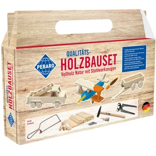 Pebaro 465 Holzbauset 25 Teile, praktische Kofferverpackung, für kreative Baumeister, inkl. Vollholz Naturstäben und Werkzeug, Basteln, Geschenkidee für Kinder