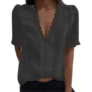Bluse Damen Kurzarm - Boho Spitzen Oberteile Damen, V-Ausschnitt Doppellagig Tunika Elegant Frühling T-Shirt Tops Curvy Mode Trachtenbluse Sommer Trachtenshirt Festliche Blusen