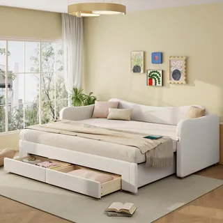 Flieks Polsterbett 90x200cm mit Ausziehbarem Bett, Schlafsofa Tagesbett mit Usb & Type-c, Jugendbett mit 2 Schubladen, Gästebett Bouclé, Beige - Beige