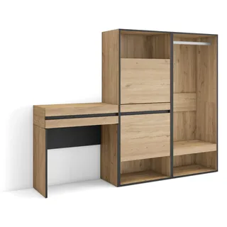 Skraut Home | Konsolentisch, Flurtisch | Beistelltisch für Eingang | 190x145x35 cm | mit Schublade | Schuhschrank | Offener Kleiderschrank | Moderner Stil | Eiche