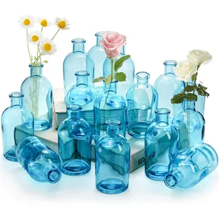 youeon Blaue Knospenvasen aus Glas, kleine Glasvasen für Blumen, dekorative Glasflaschen, Vintage-Blumenvasen für Tischdekoration, Hochzeitsempfang, Heimdekor, Büro, 237 ml, Blau, 16 Stück