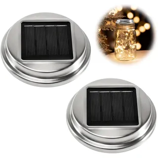 2 Stück Solar Einmachglas Edelstahl Deckel, Warmweißes LED Licht, Solarleuchte, für Gartendeko und Außenbeleuchtung